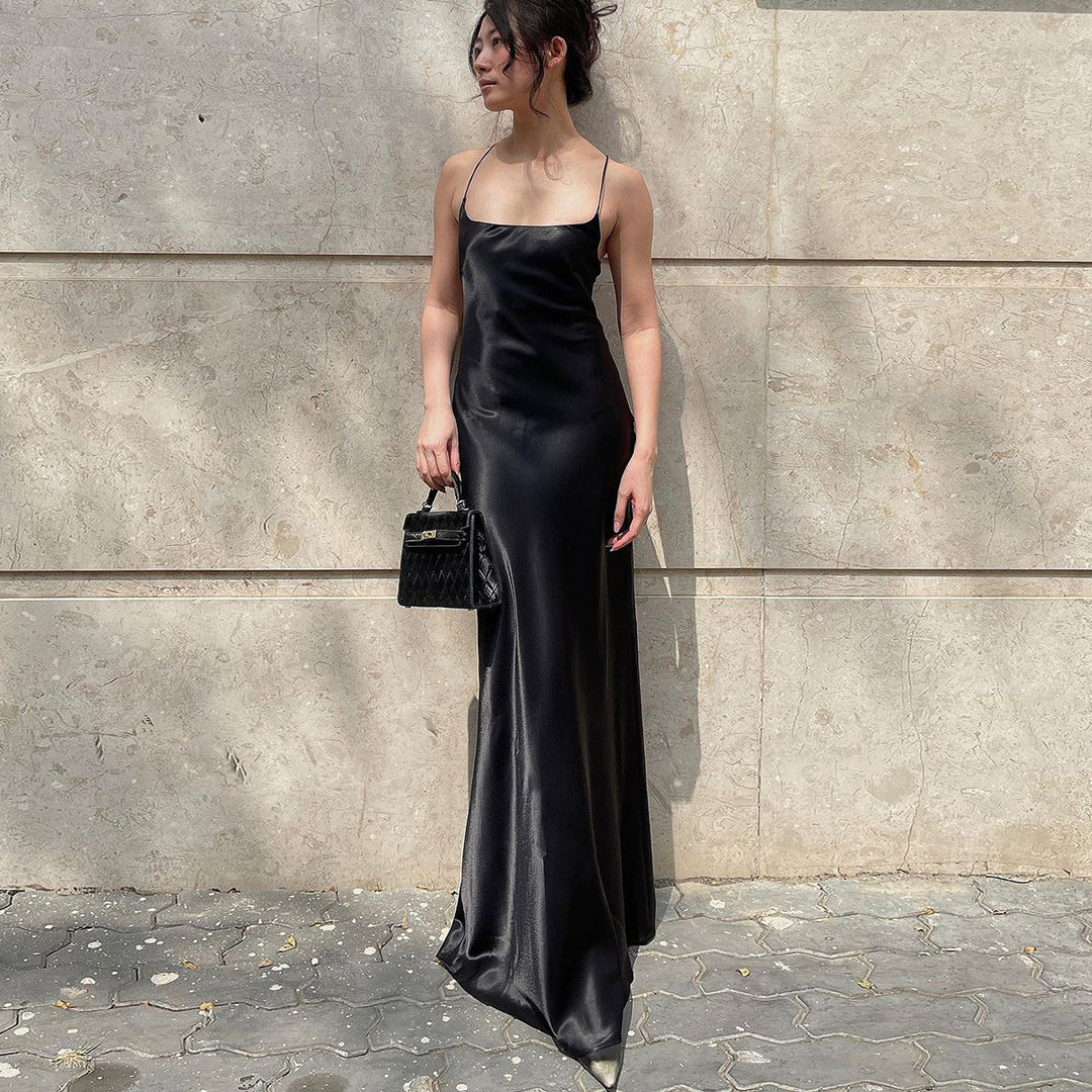 Damen elegantes Maxikleid aus fließendem Satin mit Spaghettiträgern Drune