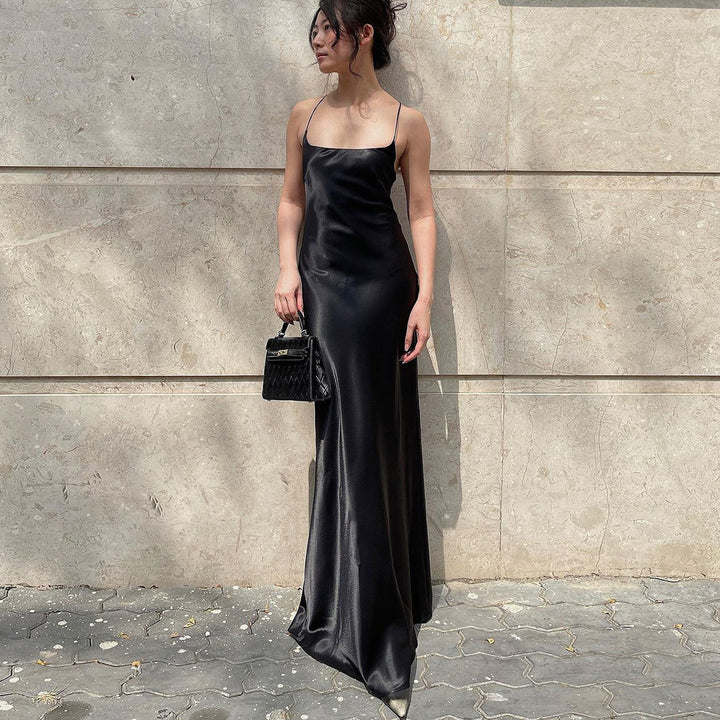 Damen elegantes Maxikleid aus fließendem Satin mit Spaghettiträgern Drune