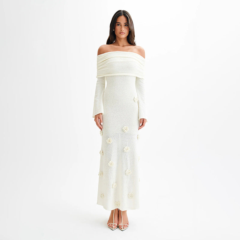 Damen Elegantes Abendkleid mit Schulterfreiem Design und Blumenapplikationen Drune