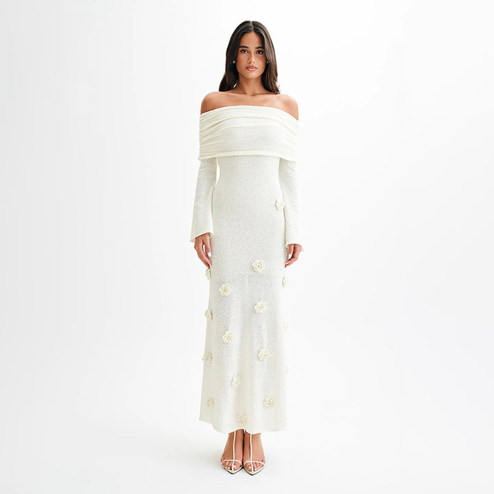 Damen Elegantes Abendkleid mit Schulterfreiem Design und Blumenapplikationen Drune