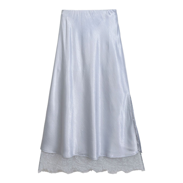 Damen nan ausgestellter Satin-Midirock mit feiner Spitzenunterlage und nahtlosem Taillenbund Drune