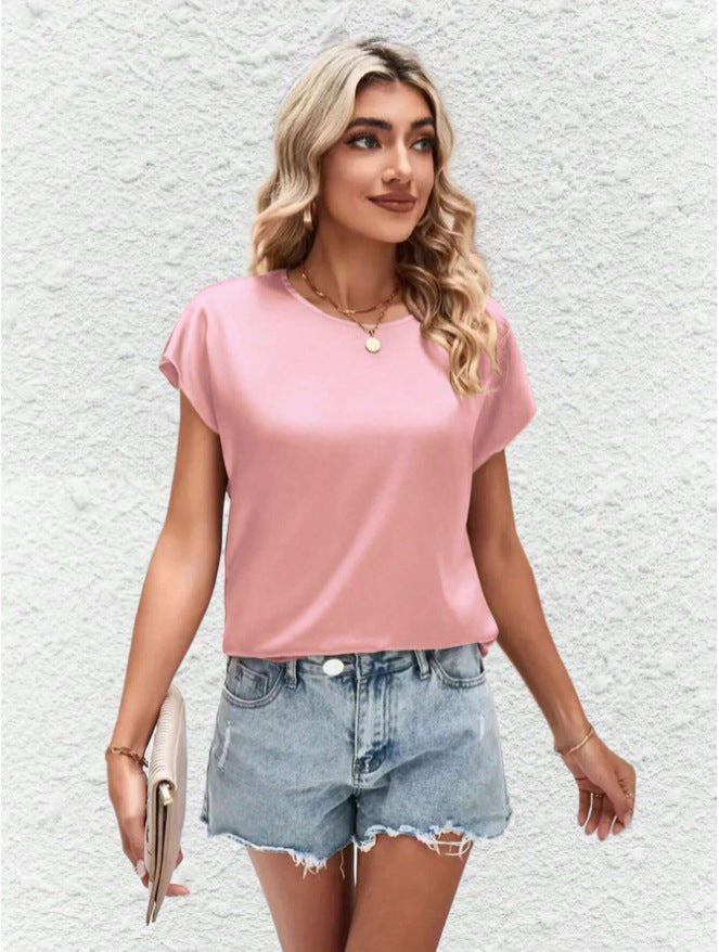 Damen Elegantes Satinoberteil mit lässigem Schnitt und kurzen Ärmeln Drune