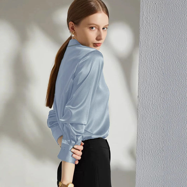Damen Luxus Satin-Bluse mit elegantem Kragen und weichen Ärmeln Drune