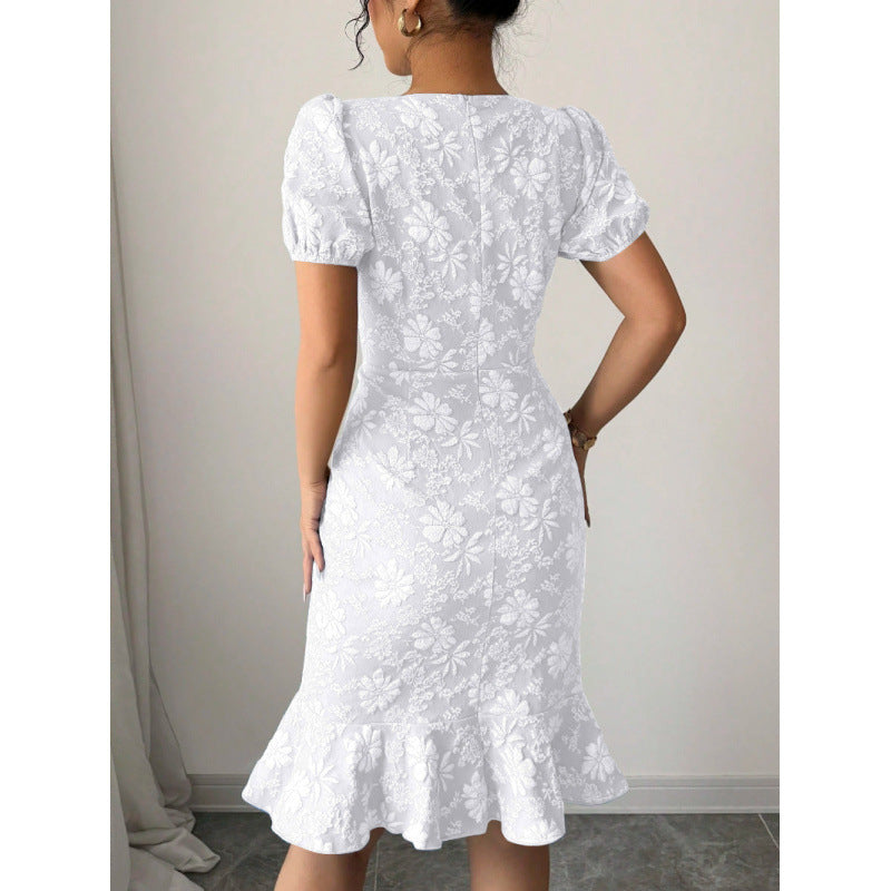 Damen elegantes Midikleid mit voluminösen Ballonärmeln und floralen Akzenten Drune