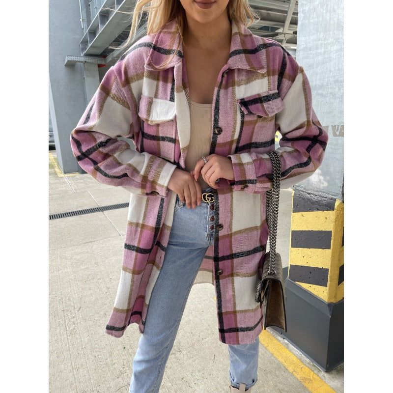 Damen Karierte Langjacke aus hochwertigem Stoff mit Knopfleiste Drune