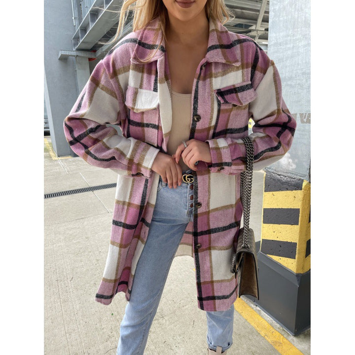 Damen Karierte Langjacke aus hochwertigem Stoff mit Knopfleiste Drune