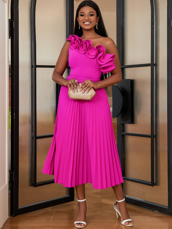 Damen Elegantes Midi-Kleid mit asymmetrischem Rüschen-Ausschnitt Drune