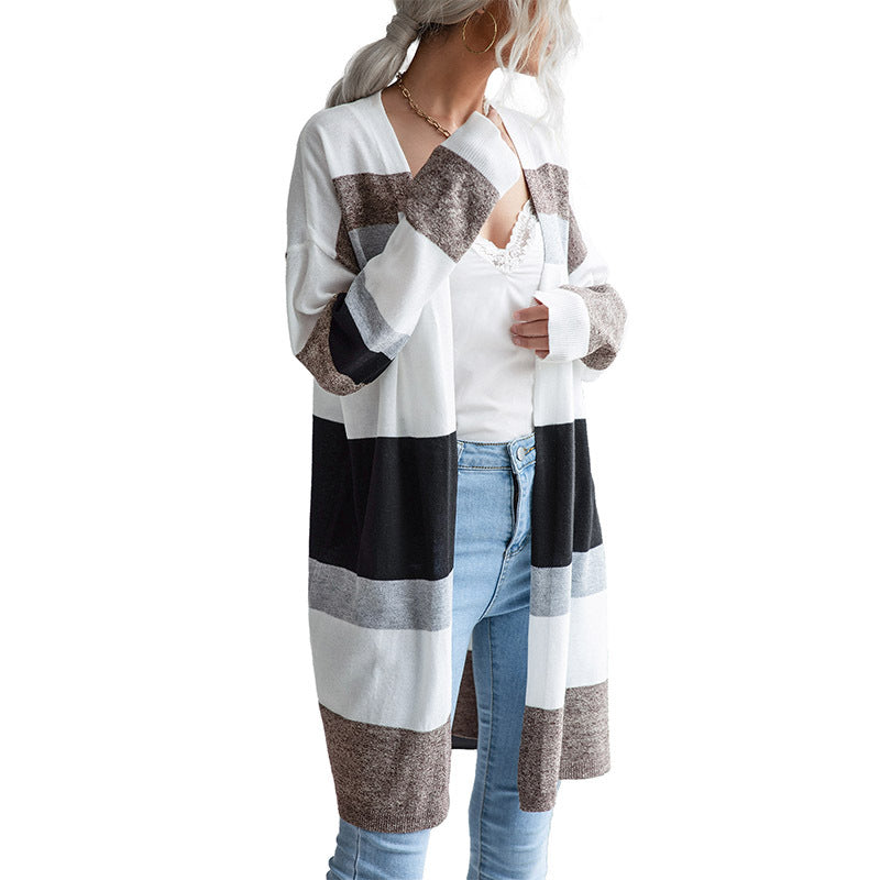 Damen trendige Langarmstrickjacke mit grafischem Streifenmuster Drune