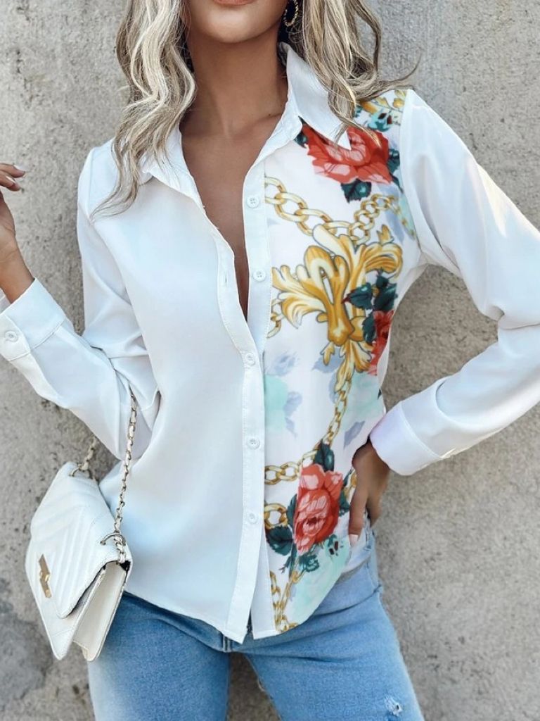 Damen Bluse mit floralem Grafikdesign und hohen Spitzendetails Drune