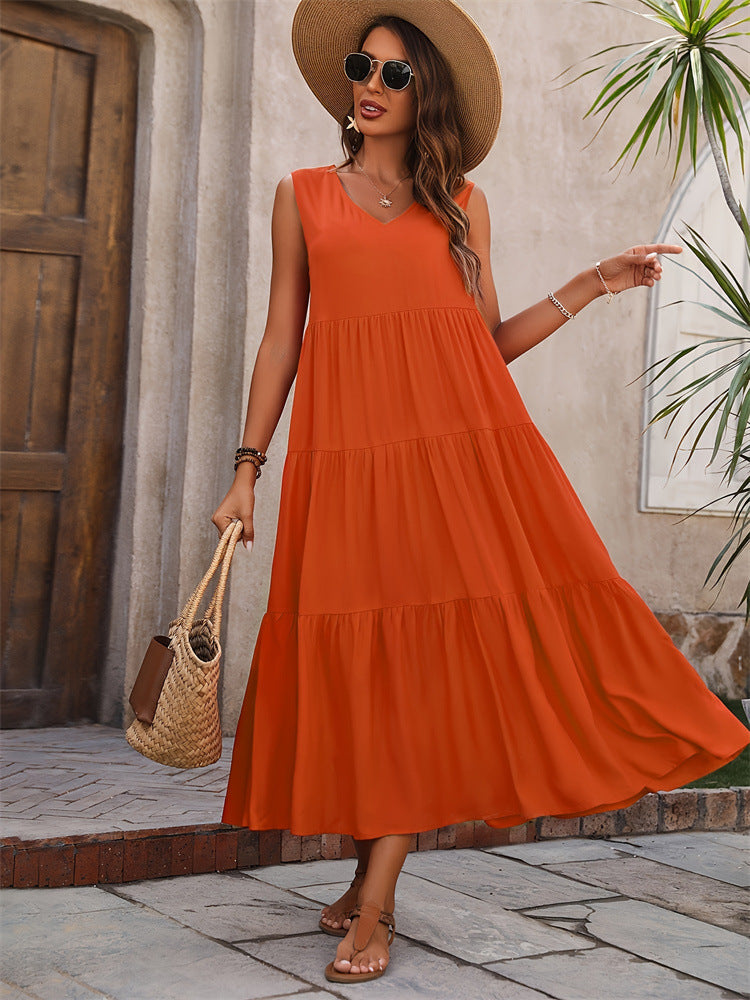 Damen Elegantes Sommer-Maxi-Kleid mit voluminösem Rock und V-Ausschnitt Drune