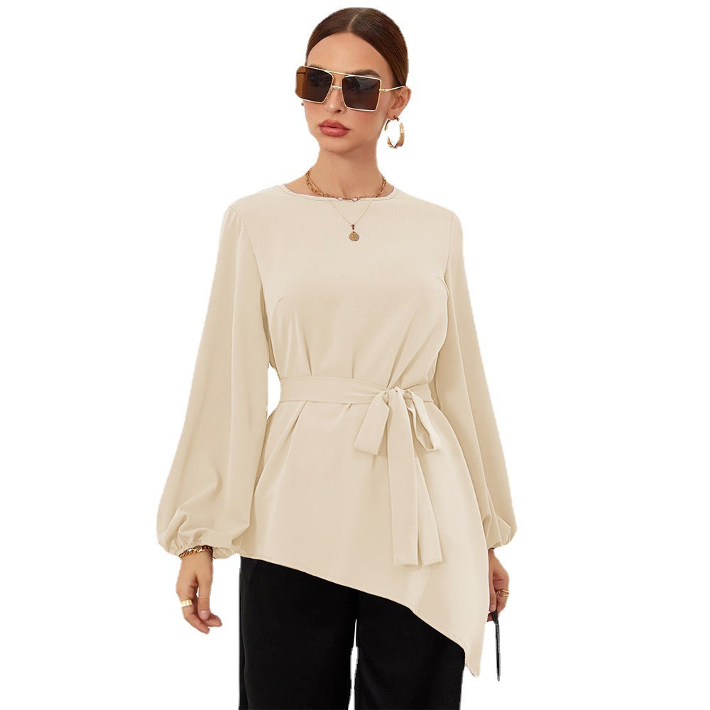 Damen asymmetrisches Blusenoberteil mit eleganten Rüschen und modischem Taillengürtel Drune