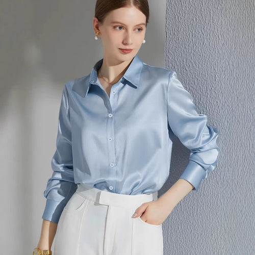Damen Luxus Satin-Bluse mit elegantem Kragen und weichen Ärmeln Drune