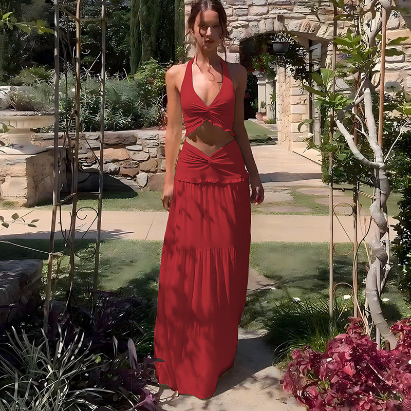 Damen Zweiteiliges Sommerkleid mit raffiniertem Oberteil und fließendem Rock Drune