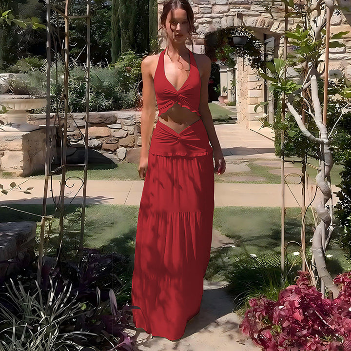 Damen Zweiteiliges Sommerkleid mit raffiniertem Oberteil und fließendem Rock Drune