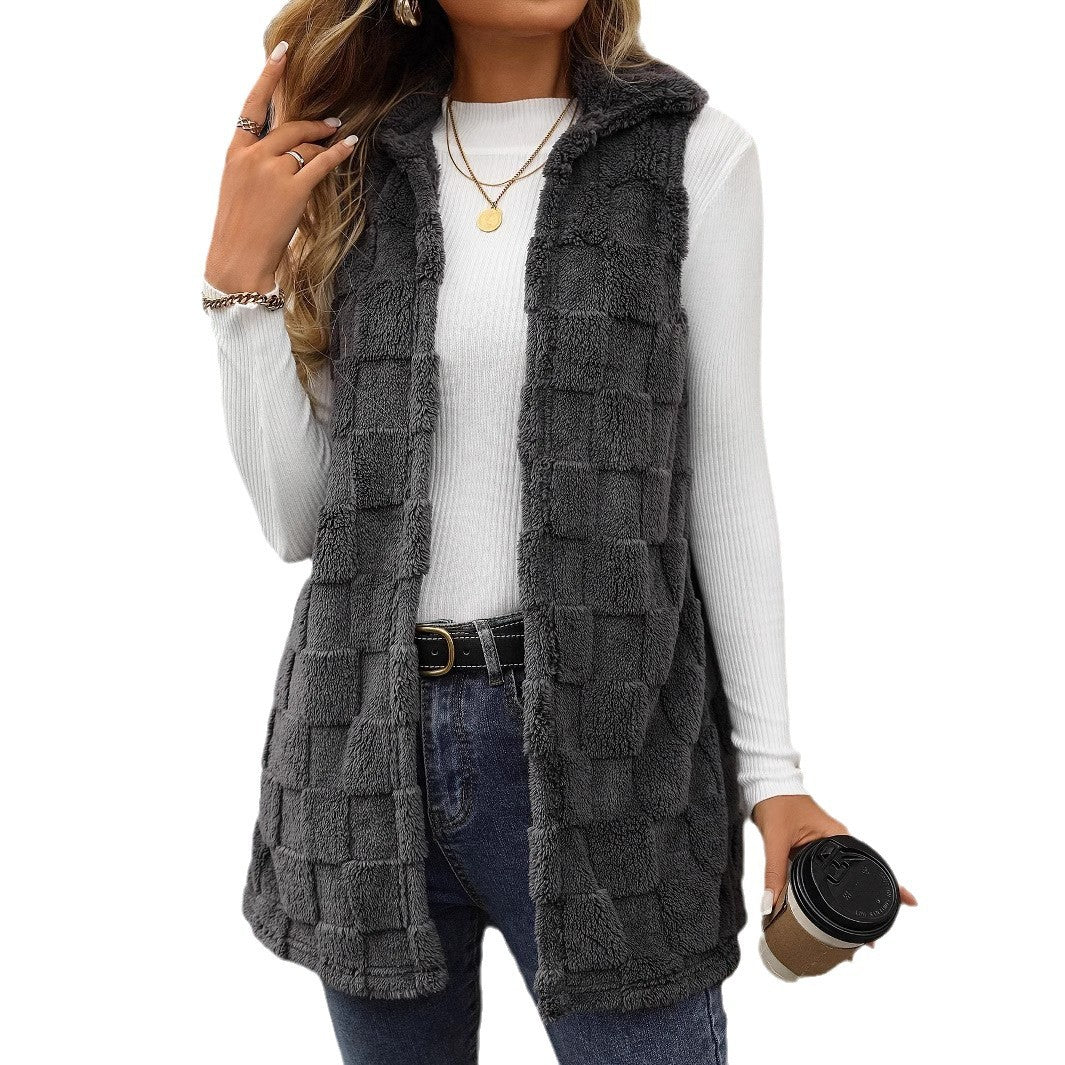 Damen Plüschweste mit Kapuze und stylischem Karomuster Drune