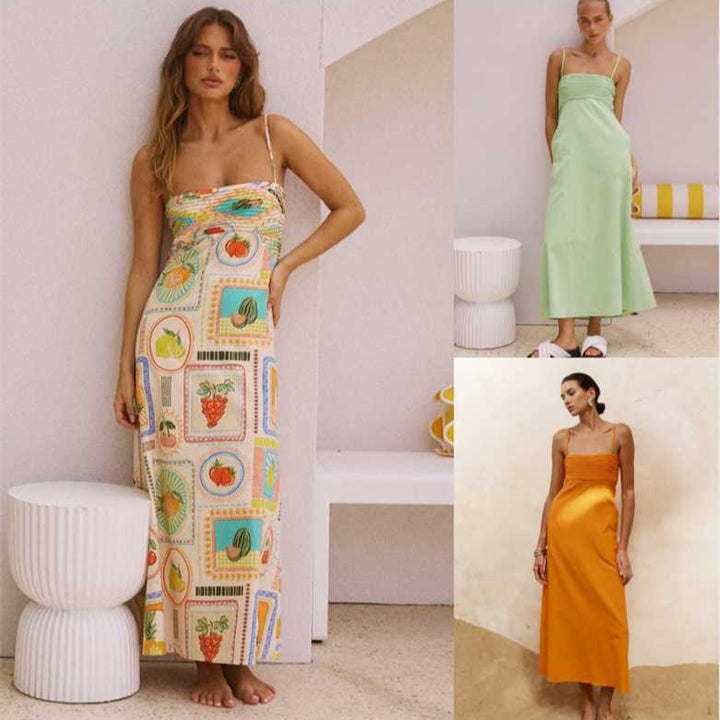Damen sommerliches Maxikleid mit Raffungen und Spaghettiträgern Drune