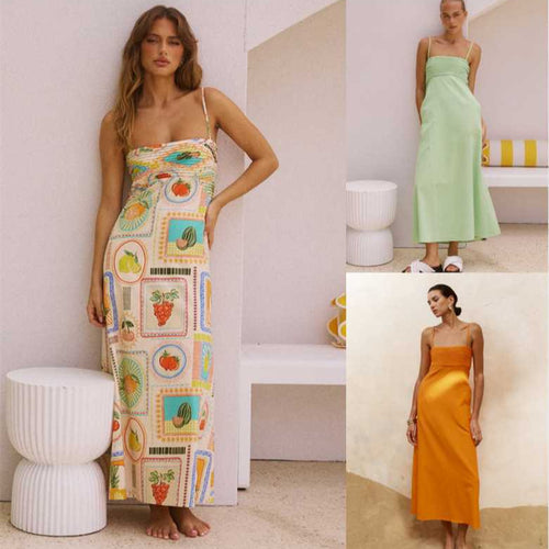 Damen sommerliches Maxikleid mit Raffungen und Spaghettiträgern Drune