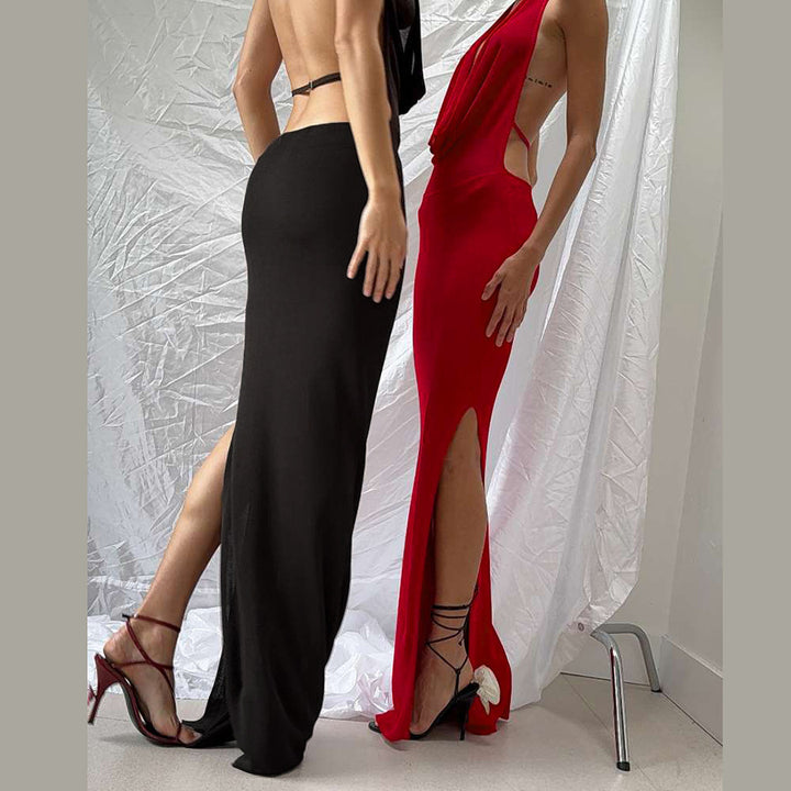 Damen Elegantes Abendkleid mit schimmerndem tiefem V-Ausschnitt und figurschmeichelnder Silhouette Drune