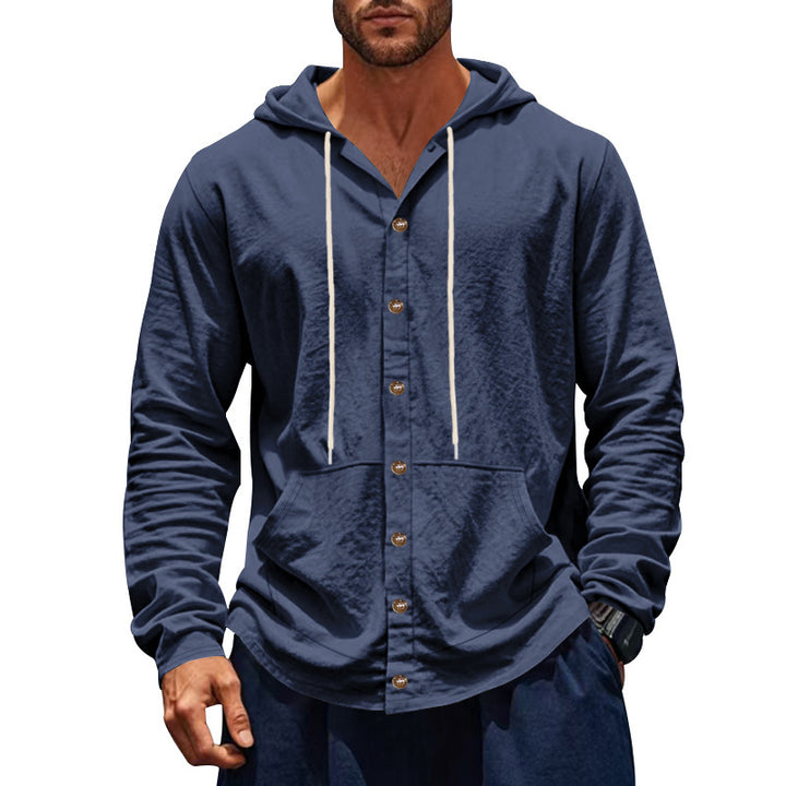 Herren nan knopfverschlossene Kapuzenhemdjacke aus leichtem Baumwollmix mit Kängurutasche Drune