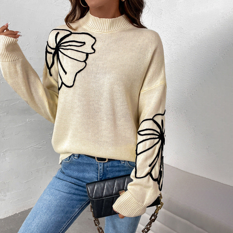 Damen Strickpullover mit floralem Design und hohem Kragen Drune