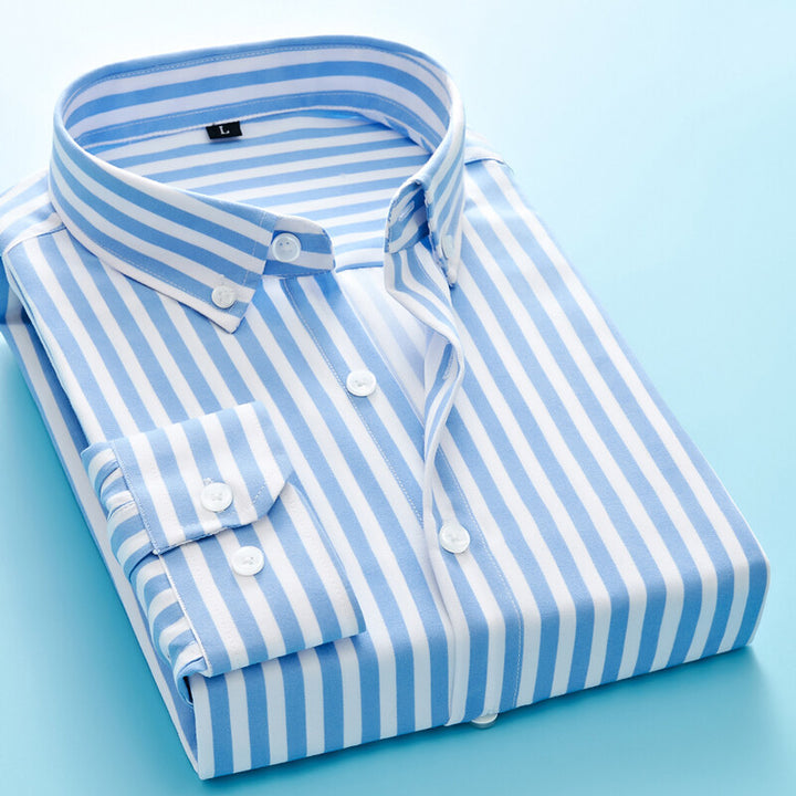 Herren nan gestreiftes Business-Hemd mit Button-Down-Kragen, Brusttasche und bügelleichtem Baumwollmix Drune