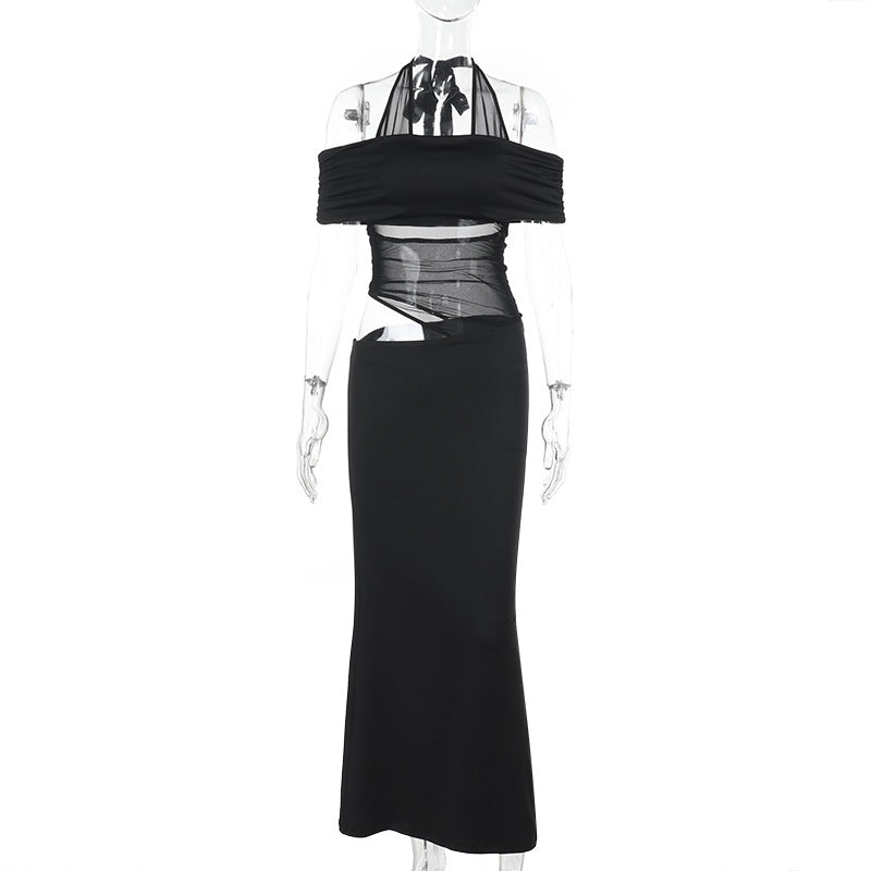 Damen Cocktailkleid mit schulterfreiem Design und raffiniertem Netz-Einsatz Drune