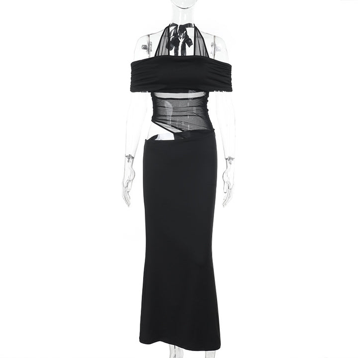 Damen Cocktailkleid mit schulterfreiem Design und raffiniertem Netz-Einsatz Drune