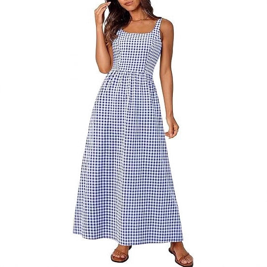 Damen Maxikleid im klassischen Karomuster mit verstellbaren Trägern und elastischem Bund Drune