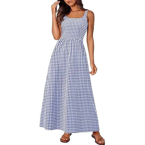 Damen Maxikleid im klassischen Karomuster mit verstellbaren Trägern und elastischem Bund Drune