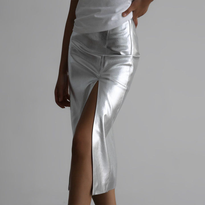 Damen glanzender Midirock mit hohem Schlitz und asymmetrischem Saum Drune