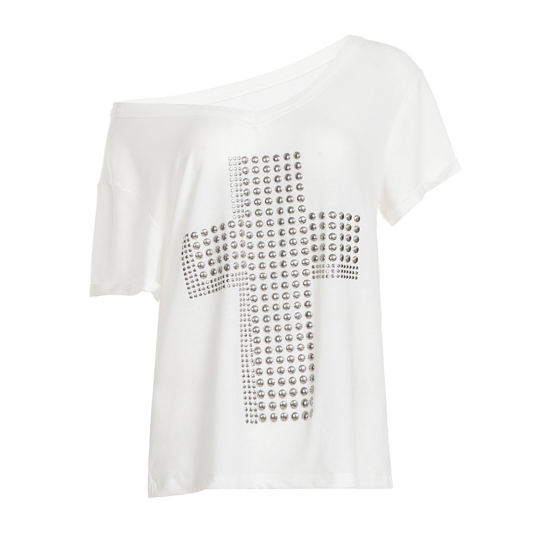 Damen stylisches Oversized T-Shirt mit Kreuz-Print und Glitzerdetails Drune