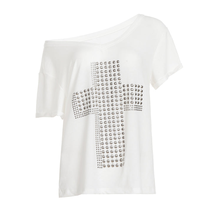 Damen stylisches Oversized T-Shirt mit Kreuz-Print und Glitzerdetails Drune