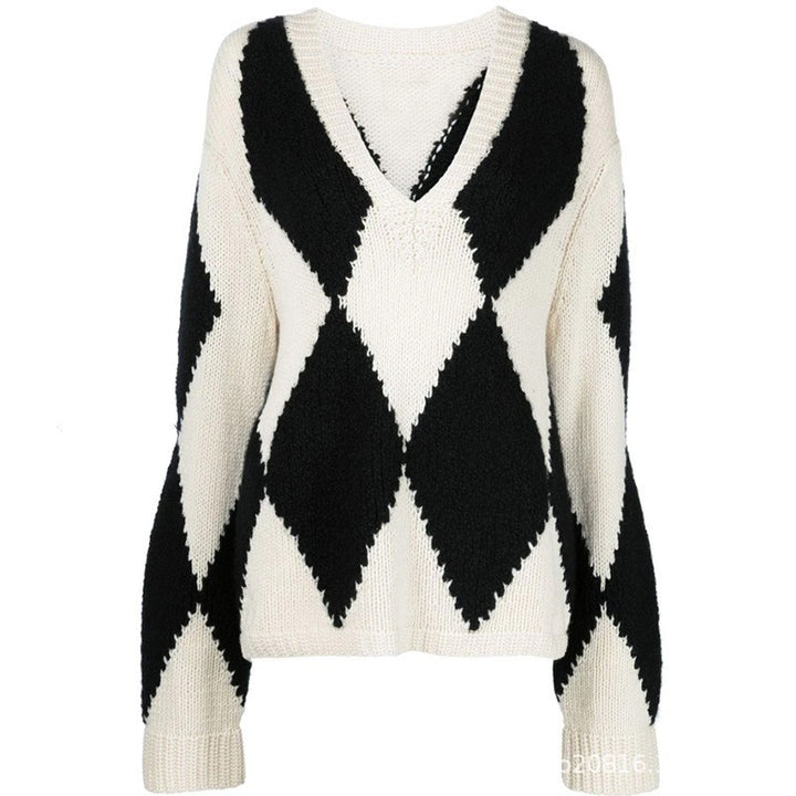 Damen trendiger V-Ausschnitt Strickpullover mit Zickzackmuster Drune