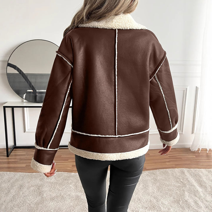 Damen stylische Kunstlederjacke mit Schaffellkragen Drune