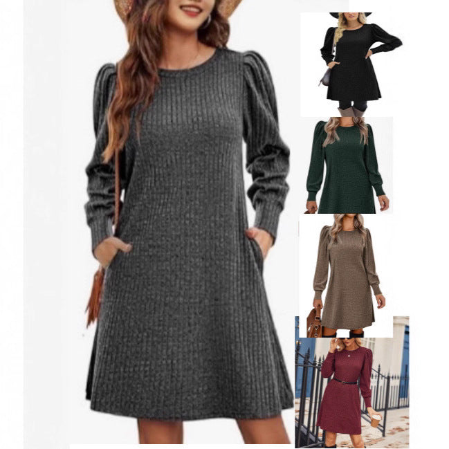 Damen Pullover-Kleid mit lässigem Rippstrick und eleganten Puffärmeln Drune