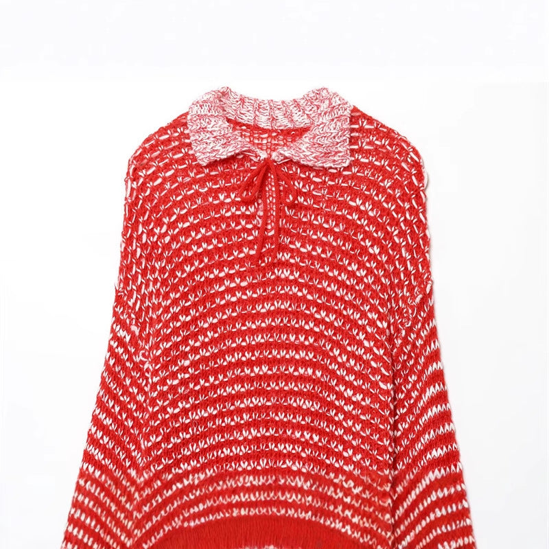 Damen lässiger Strickpullover mit modischem Kragen und Rüschendetail Drune
