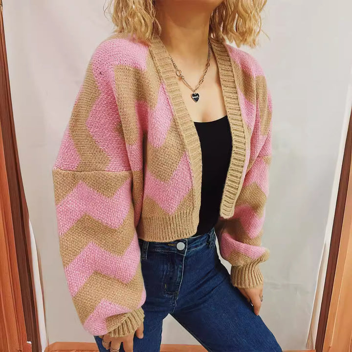 Damen modische Strickjacke mit Chevron-Muster und breiten Ärmeln Drune