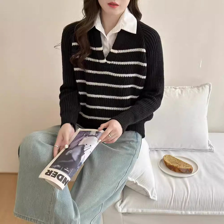 Damen Strickpullover mit V-Ausschnitt und gestreiftem Design Drune