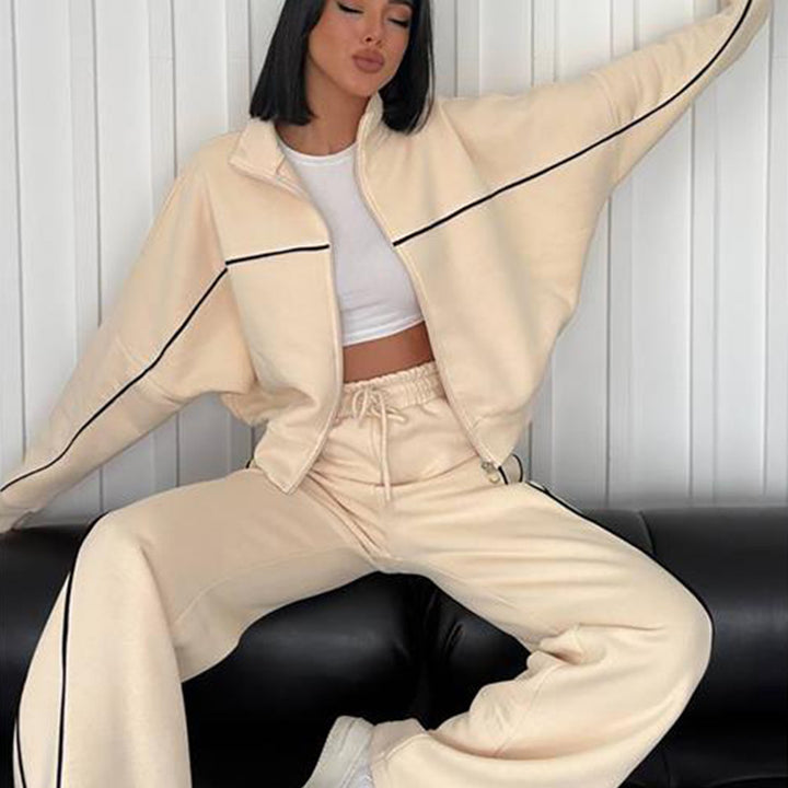 Damen nan Oversize Trainingsanzug Set mit Reißverschluss hohem Kragen und Kontrastpaspeln Drune