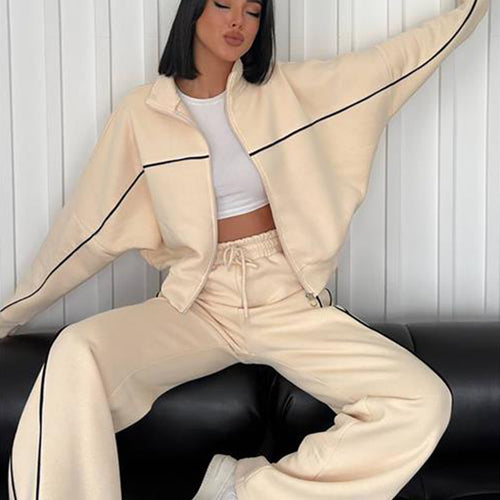 Damen nan Oversize Trainingsanzug Set mit Reißverschluss hohem Kragen und Kontrastpaspeln Drune