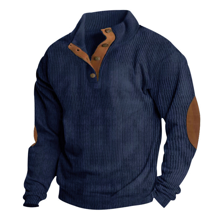 Herren nan grober Rippstrick-Pullover mit Stehkragen, Knopfleiste und markanten Ellenbogenpatches Drune