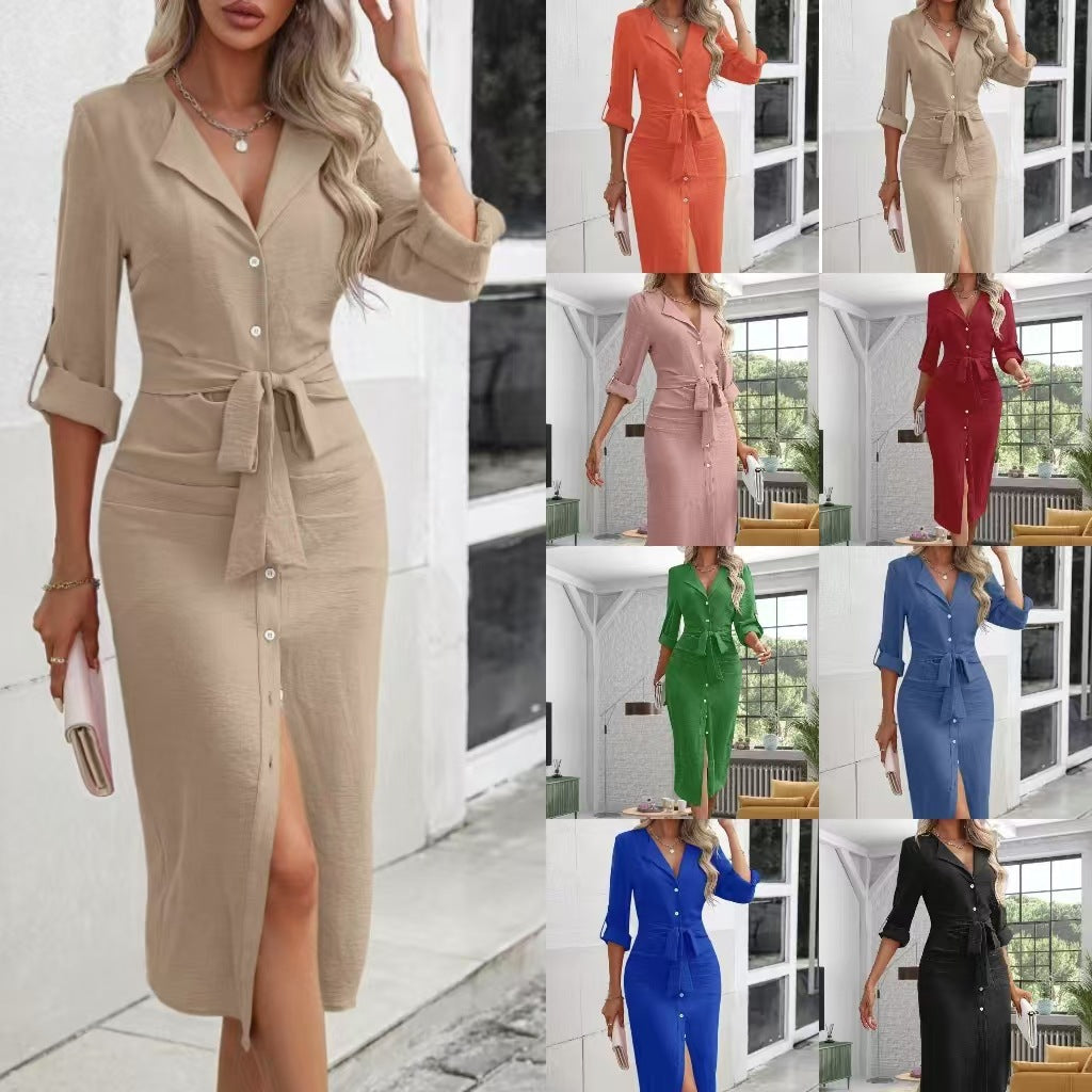 Damen Knielanges Kleid mit Knopfverschluss und Taillengürtel Drune