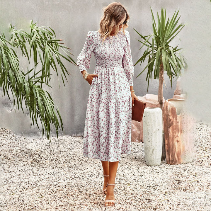 Damen florales Midi-Kleid mit geraffter Taille und langen Ärmeln Drune