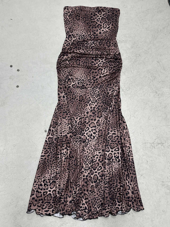 Damen Maxikleid mit rüschenförmigem Saum und elegantem Leopardenmuster Drune