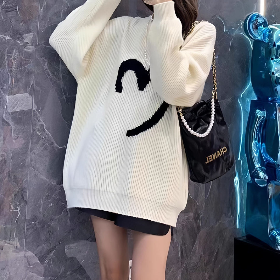 Damen Übergroßer Pullover mit gestricktem Smiley-Muster Drune