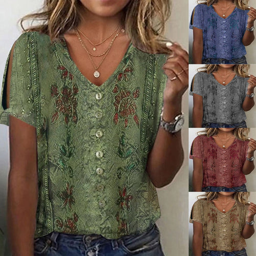 Damen V-Ausschnitt Bluse mit floralen Details und Knopfverschluss Drune