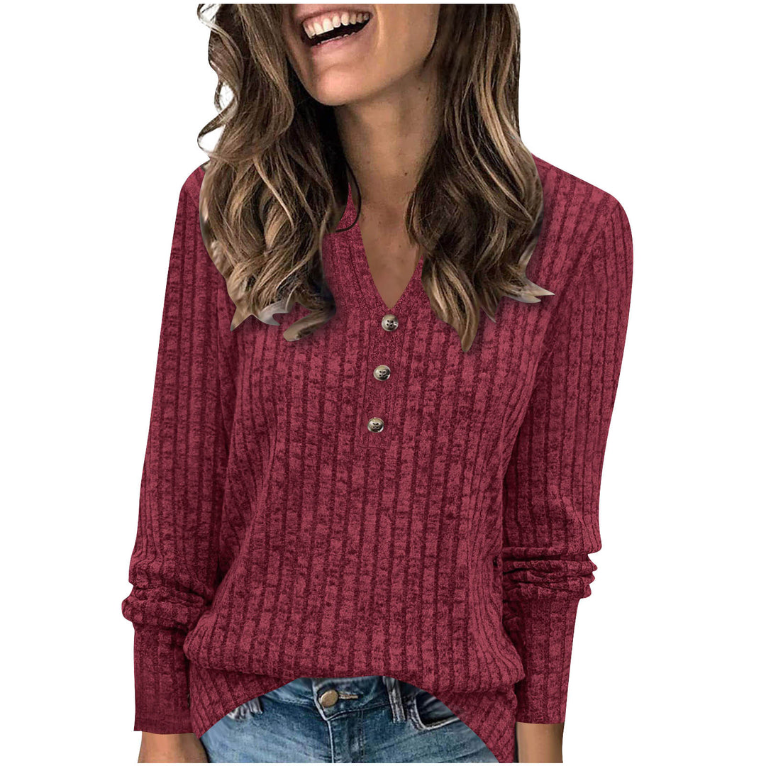 Damen Langärmliges V-Ausschnitt Pulli mit Knopfdetail Drune