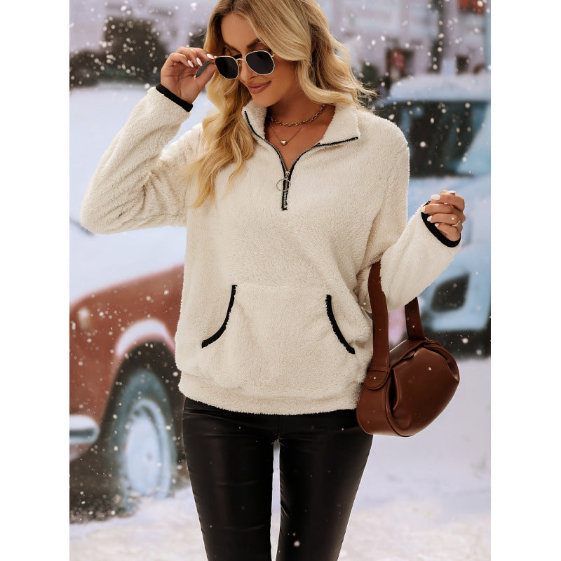 Damen Bequemer Hoher Kragen Fleece Pullover mit Reißverschlussklappe Drune