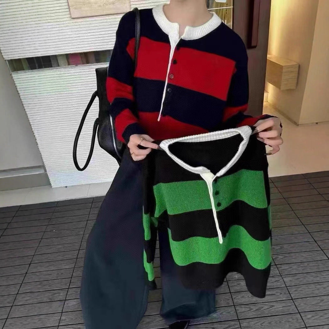 Damen sportlicher Strickpullover mit Knopfleiste und grafischem Muster Drune