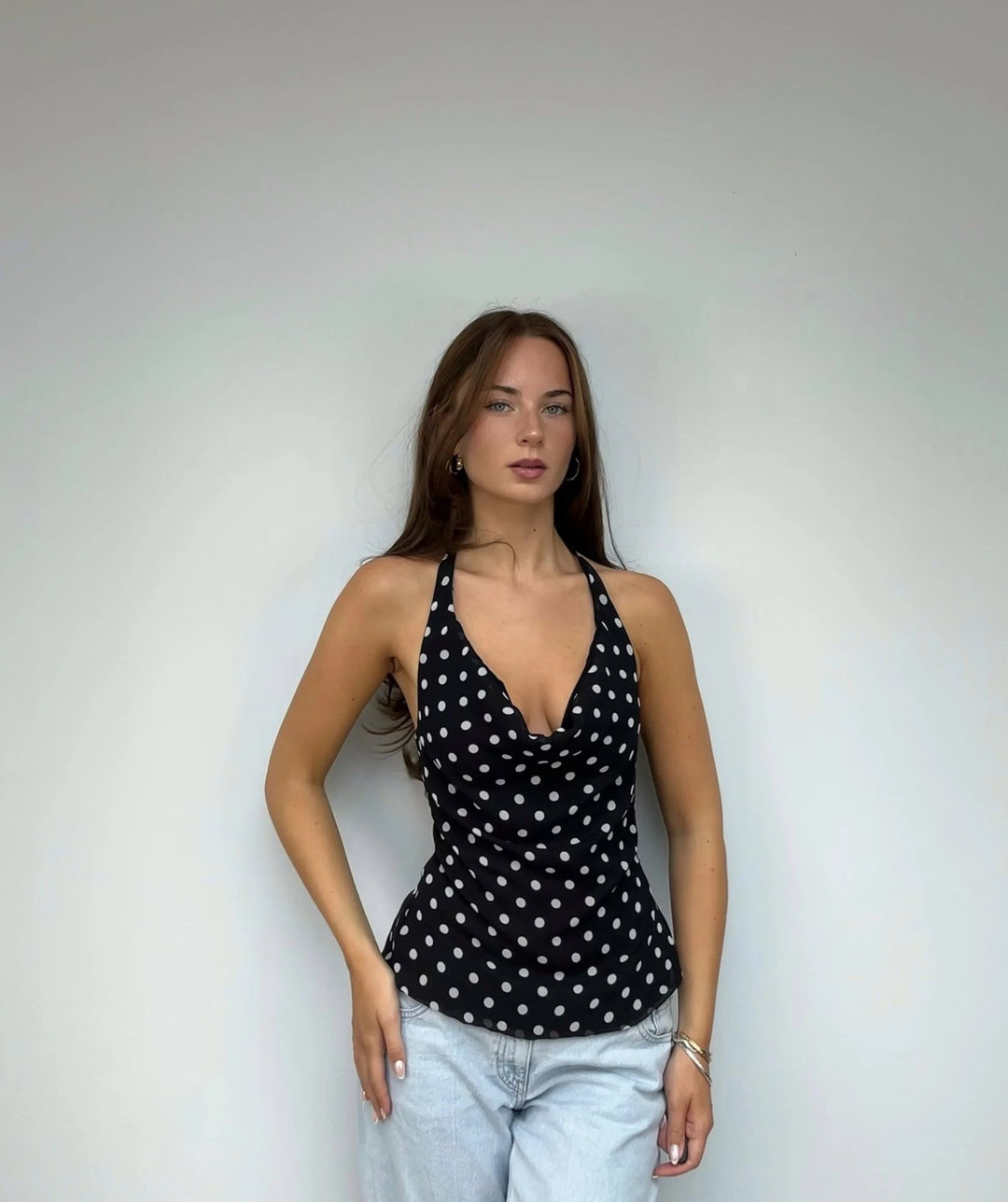 Damen elegantes Top mit lässigem V-Ausschnitt und Punkte-Muster Drune